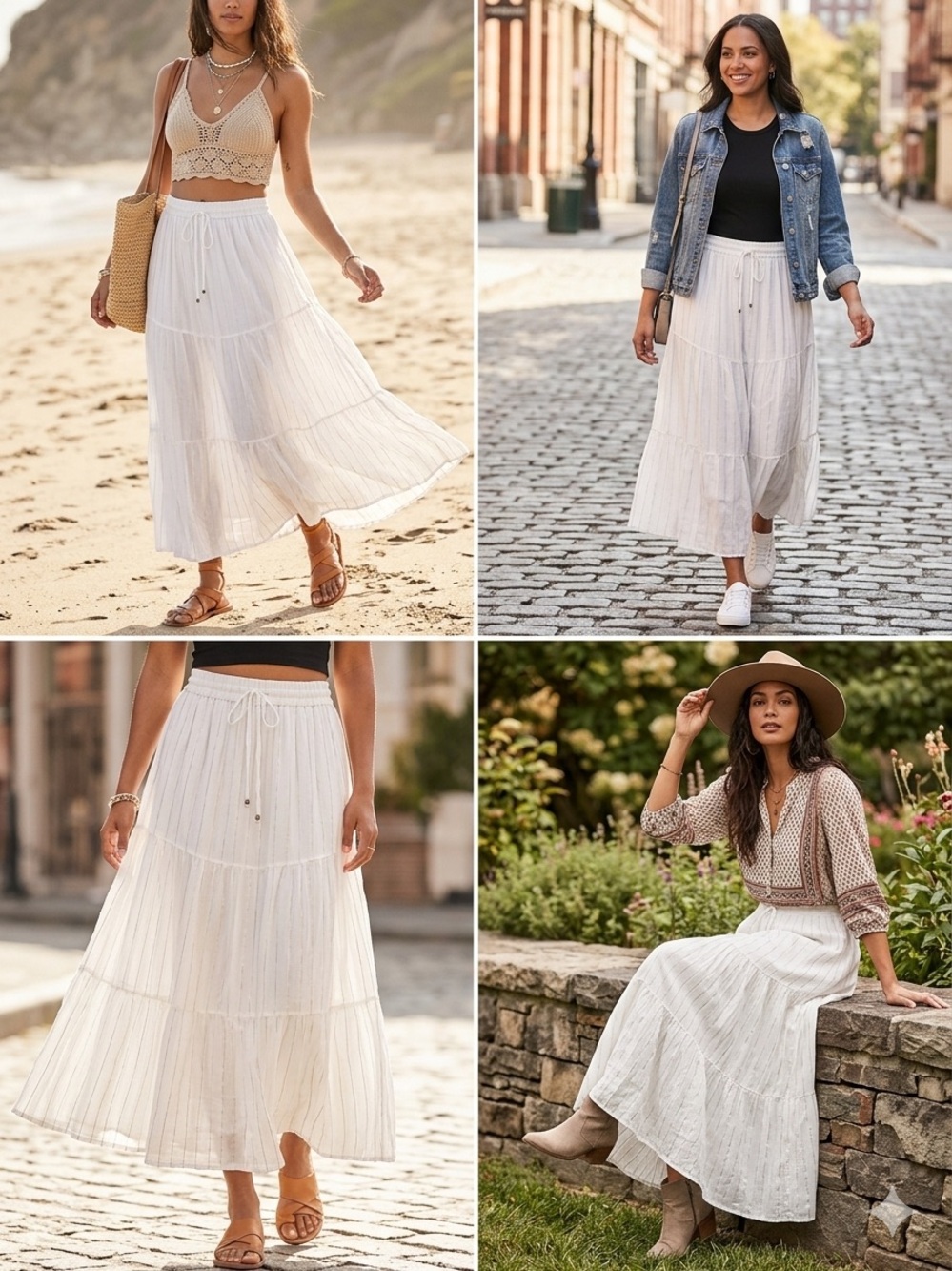 Mlle Gabrielle White Tiered Maxi Skirt with Drawstring Waist